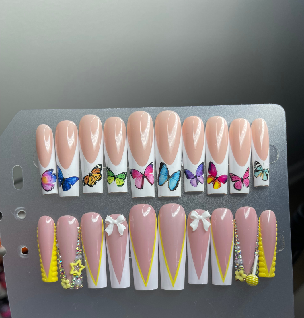 Two Sets of Press On Nails with Butterfly and Bow Designs - Includes Decorative Elements for Stylish Nail Art